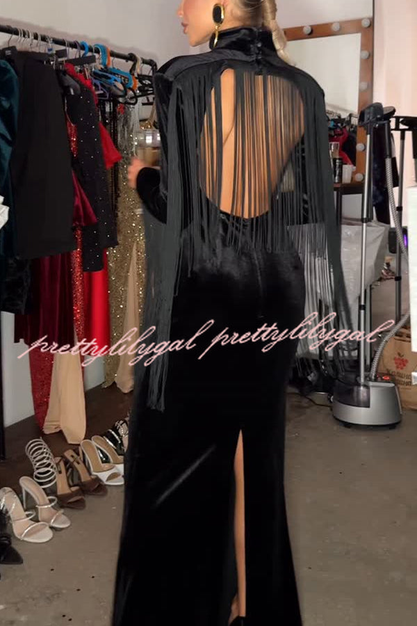 Eve Velvet Open Back Tassel Trim Long Sleeve Slit Maxi Dress