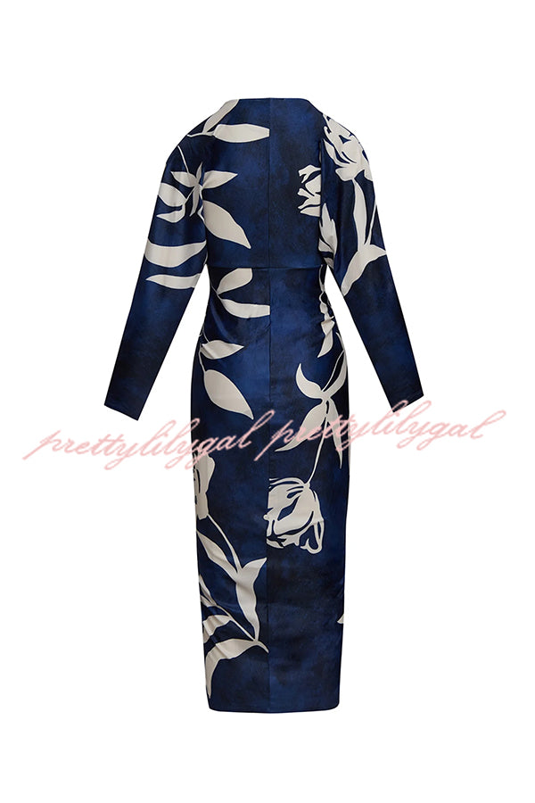 Caliana Unique Print Dolman Long Sleeve Ruched Slit Midi Dress