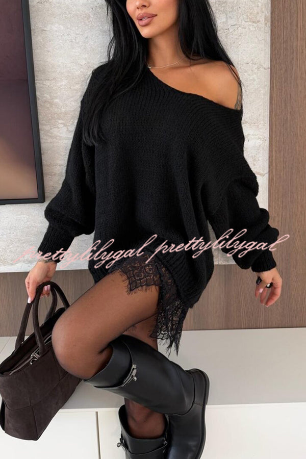 Comfy and Sweet Knit Lace Patchwork Hem Wide Neck Long Sleeve Loose Sweater