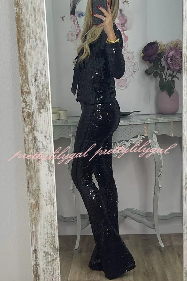 Holiday Cheer Sequin High Rise Elastic Waist Flared Stretch Pants