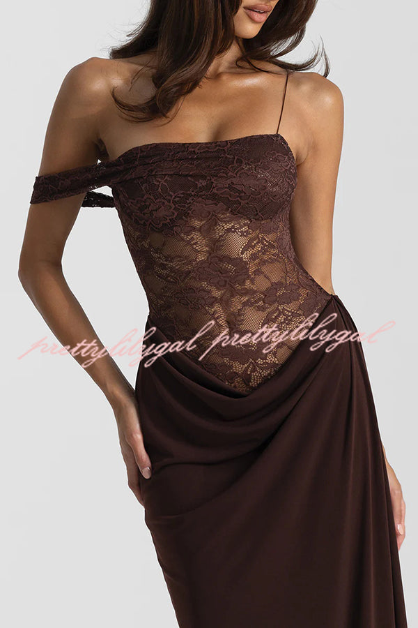 Sexy See-Through Lace Suspender Slim Slit Maxi Dress