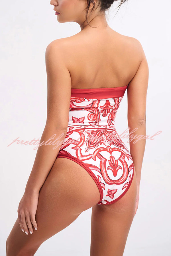 Summer Lovin Unique Royal Print Strapless One Piece Stretch Swimsuit and Pareo