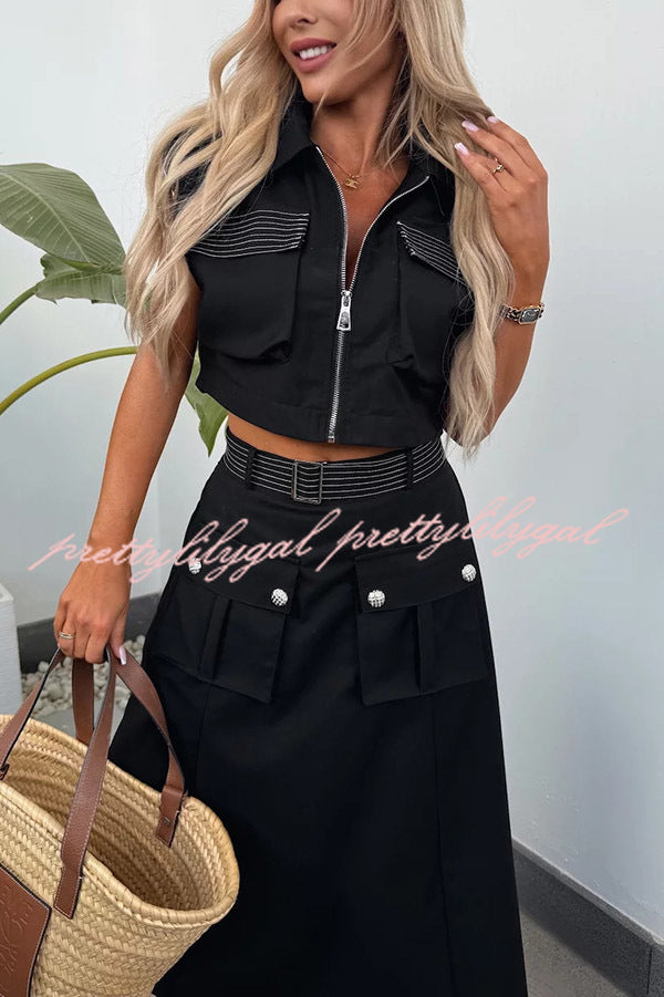 Athleisure Zipper Pocket Sleeveless Jacket and Belted Cargo Midi Skirt Set