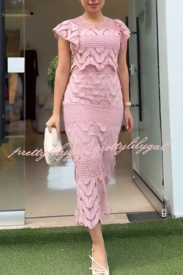 Elouise Wave Dot Embroidery Lace Back Tie-up Top and Elastic Waist Maxi Skirt Set