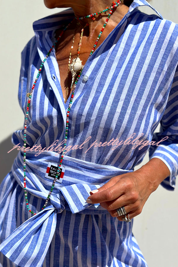 Summer Splendor Printed Button Half Sleeve Belt Loose Shirt Midi Dress