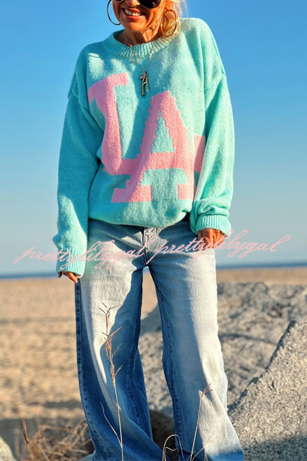 Letter Pattern Crew Neck Long Sleeve Loose Knit Sweater