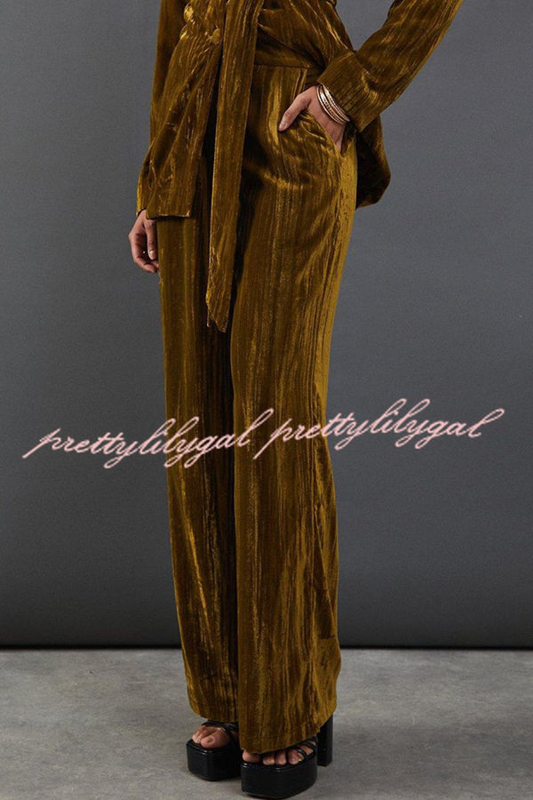 Solid Color Velvet Long-sleeved Waist Tie Top and Elastic Waist Casual Pocket Straight-leg Pants Set