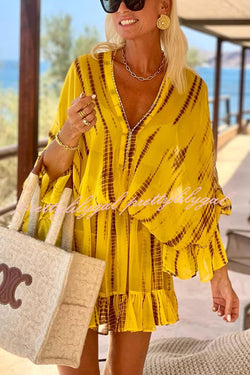 Lemon Flavor Tie Dye Ruffle Batwing Sleeve Elastic Waist Kaftan Mini Dress