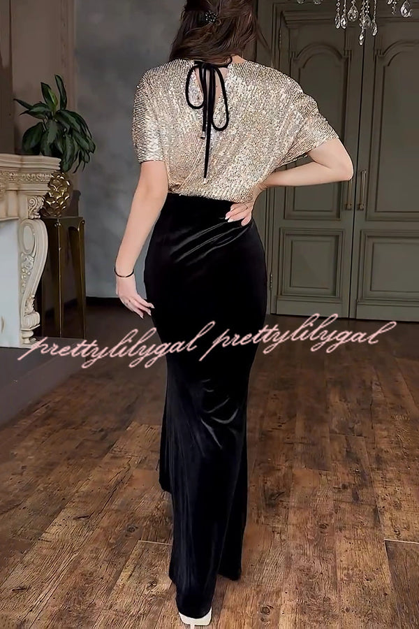 Elegant V-neck Sequined Velvet Stitching Sexy Slit Maxi Dress