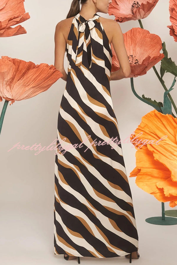 Uptown Cafe Satin Color Block Print Tie-up Neck Maxi Dress