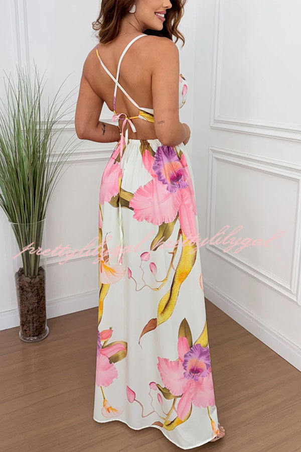 Seinah Floral Print Cutout Waist Open Back Lace-up Slit Maxi Dress Seinah Floral Print Cutout Waist Open Back Lace-up Slit Maxi Dress