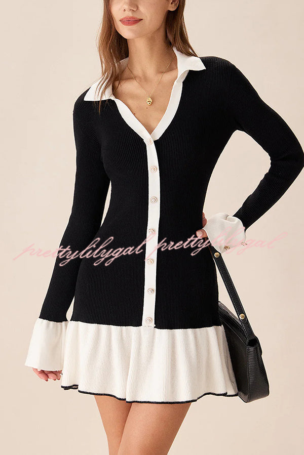 Stylish Color-blocked Long-sleeved Button-decorated Knitted Mini Dress