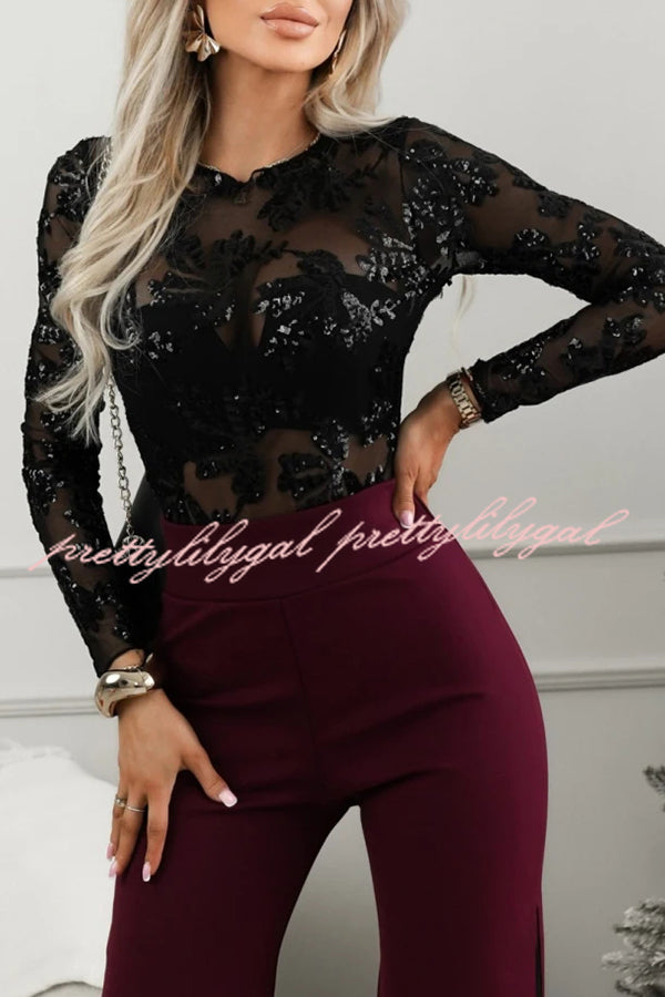 Dazzling and Sparkle Mesh Floral Sequin Long Sleeve Stretch Bodysuit