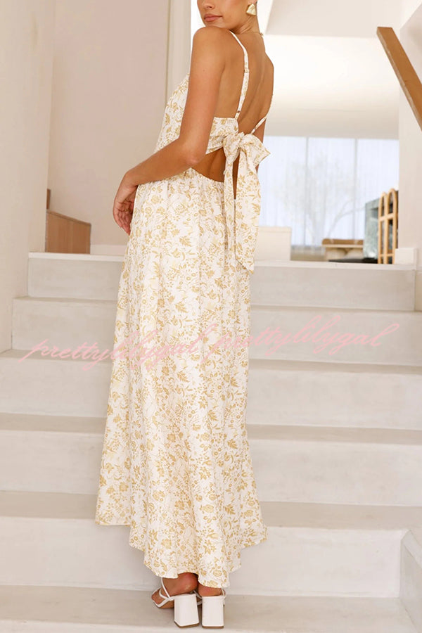 Floral Print V-Neck Sleeveless Back Tie Pocket Maxi Dress