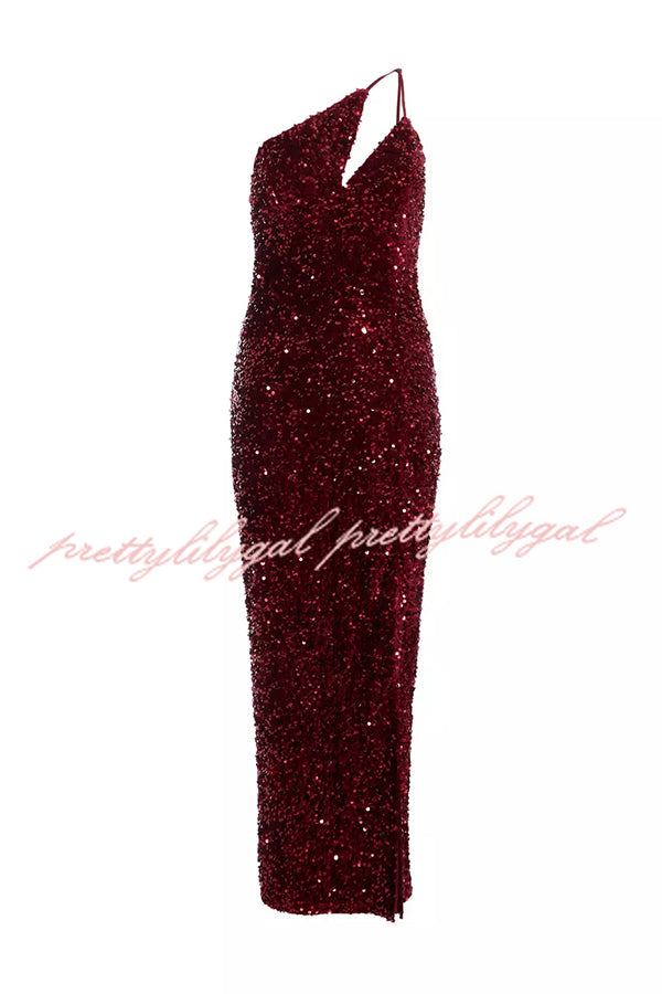 Glam Day Velvet Sequin One Shoulder Cutout Detail Slit Stretch Maxi Dress