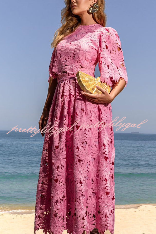 Elegant Embroidered Hollow Flowers Bell Sleeve Top and Full Hem Maxi Skirt Set