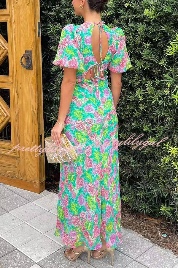 Floral Print V-neck Puff Sleeve Open-back Maxi Dress