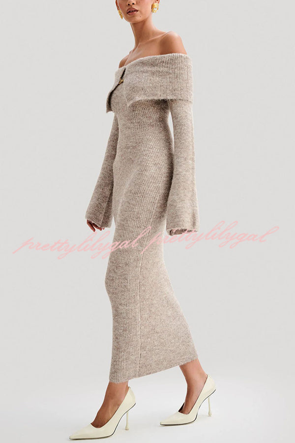 Solid Color Off-shoulder Long-sleeved Elegant Slim-fit Knit Maxi Dress