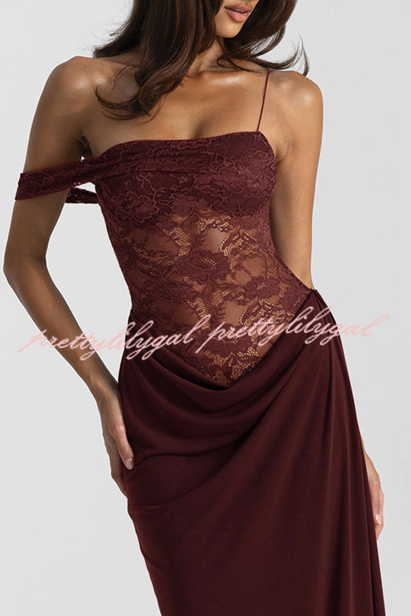 Sexy See-Through Lace Suspender Slim Slit Maxi Dress