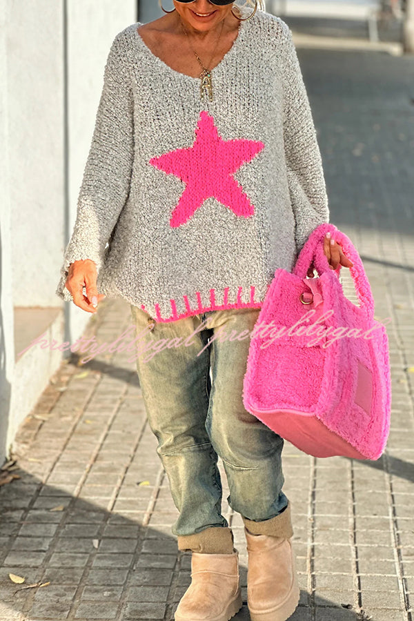 Warm Winter Day Texture Knit Star Pattern Contrast Color Loose Sweater