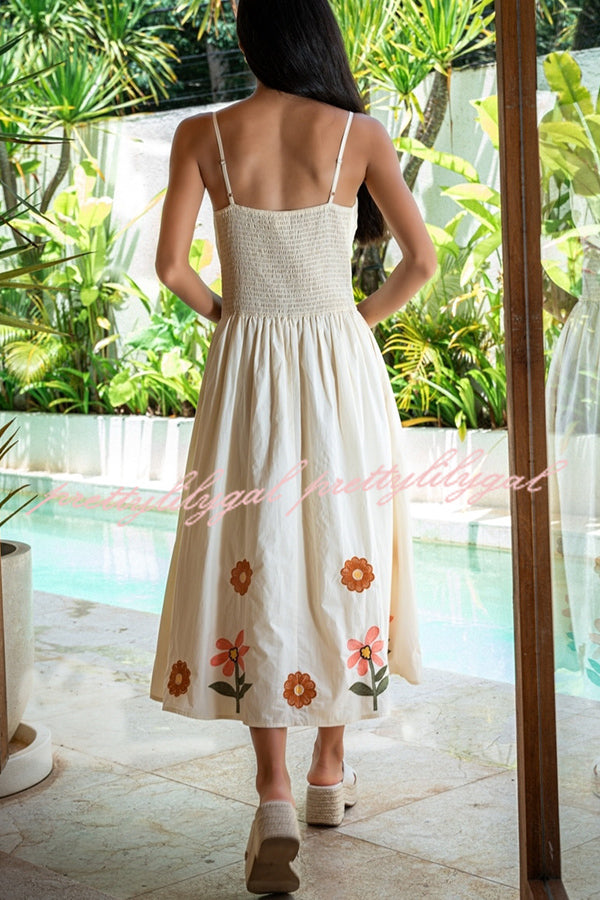 Embroidered Printed Suspenders Pleated Holiday Midi Dress