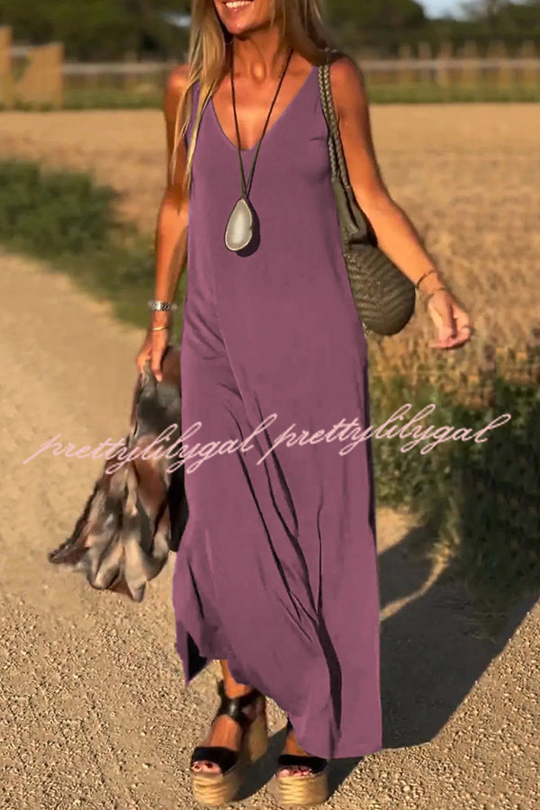 Solid Color V-neck Sleeveless Casual Loose Maxi Dress