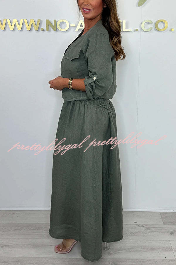 Solid Color Casual Short Jacket and Suspender Pleated Maxi Dress Set