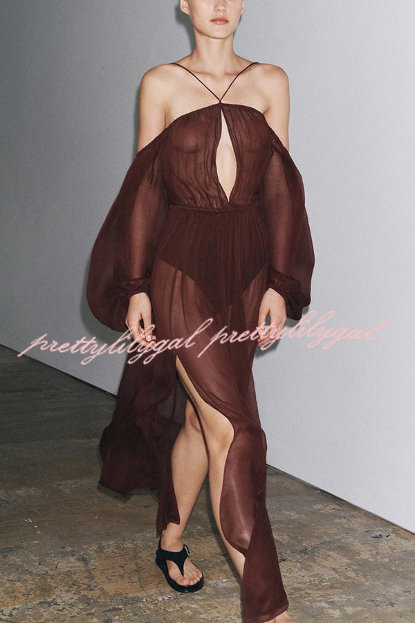Marsie Semi-sheer Fabric Cutout Off Sholder Elastic Waist Slit Maxi Dress