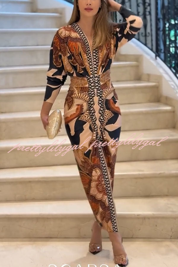 Verra Unique Print Dolman Long Sleeve Ruched Slit Midi Dress