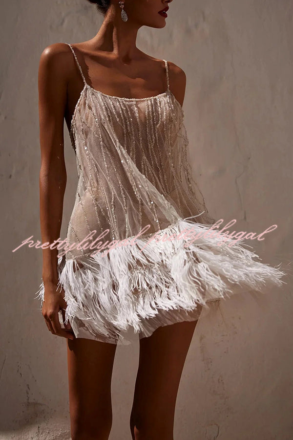 Fairy Lights Sequin Layered Feather Fringed Mesh Mini Dress