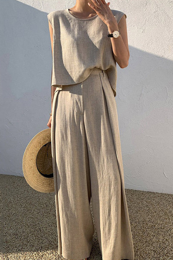 Linen Blend Casual Round Neck Sleeveless Top and Loose Wide-leg Pants Set