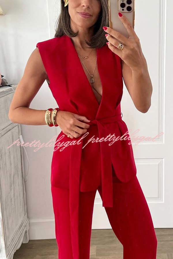 Keep It Classic V-neck Belted Vest and Mid Rise Pocket Wide Leg Pants Set