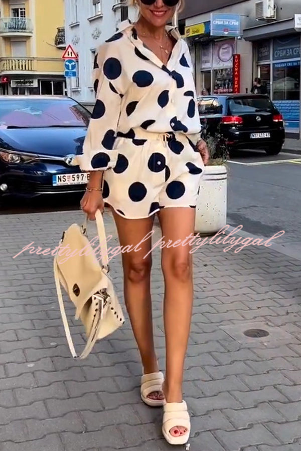 Giselle Linen Blend Polka Dot Print Lapel Long Sleeve Shirt and Elastic Waist Pocket Shorts Set