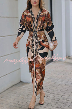 Verra Unique Print Dolman Long Sleeve Ruched Slit Midi Dress