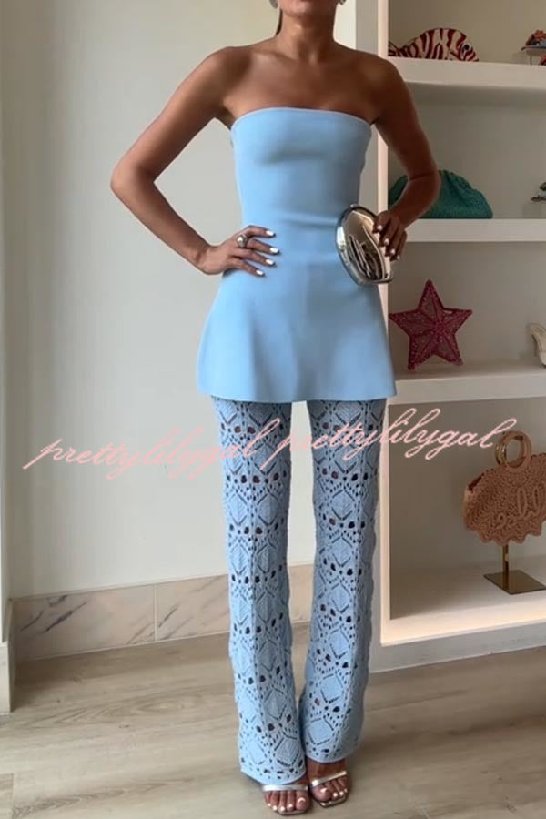 Trena Crochet Knit Hollow Mid Rise Stretch Wide Leg Pants