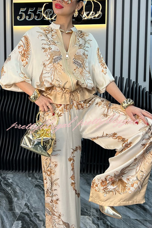 Unique Printed Casual Long-sleeved Loose Top and Elastic Waist Pocket Wide-leg Pants Set