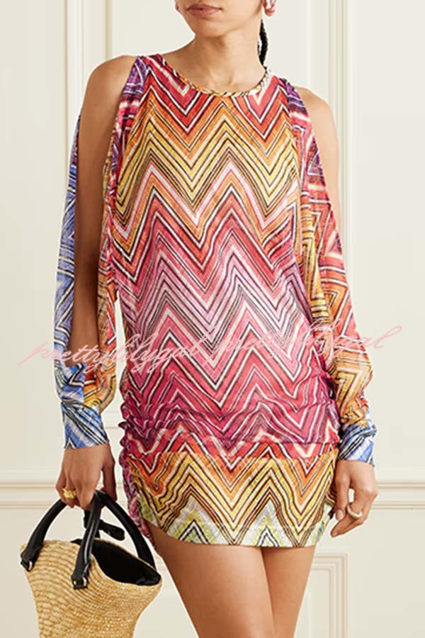 Ivanah Mesh Colorful Zigzag Pattern Long Slit Balloon Sleeve Ruched Mini Dress