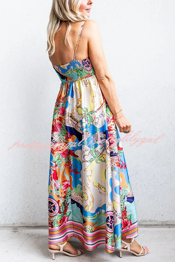 Satin Resort Print Sling Back Pleated Maxi Dress