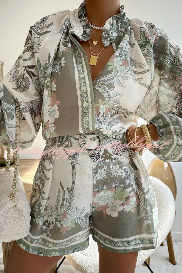 Botanical Print Palace Style Stand-up Collar Lantern Sleeve Loose Top and Casual Shorts Set