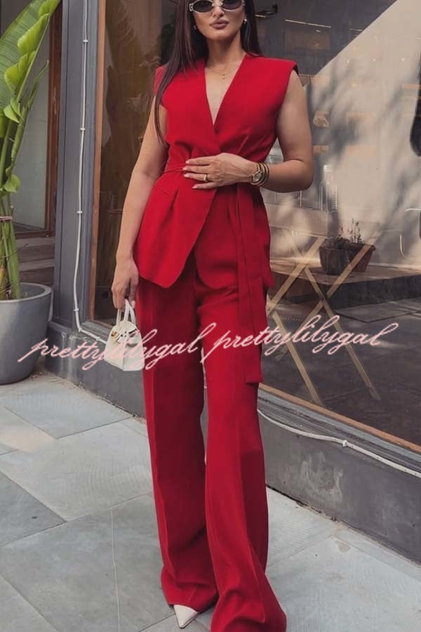 Keep It Classic V-neck Belted Vest and Mid Rise Pocket Wide Leg Pants Set