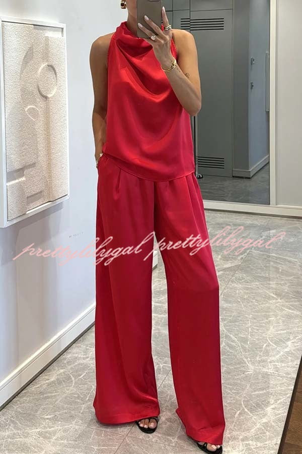 Classic on You Satin High Cowl Neck Top and Elastic Waist Pocket Loose Pants Set