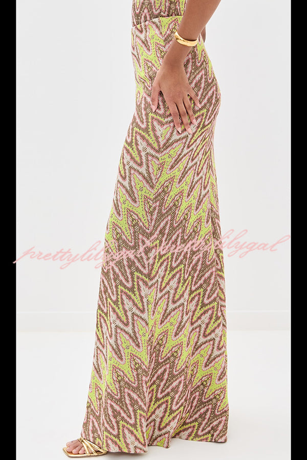 Moonlit Waltz Knit Jacquard Zigzag Print High Rise Stretch Flare Maxi Skirt