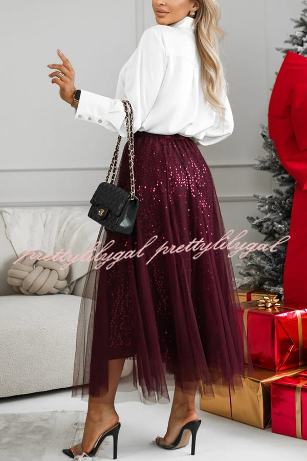 Party Daydream Sequin Tulle High Rise Elastic Waist Maxi Skirt