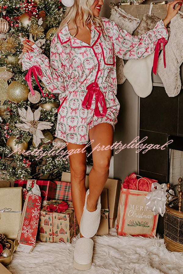 Christmas Dreaming Satin Santa Print Velvet Trim Elastic Waist Pocketed Pajama Shorts Set