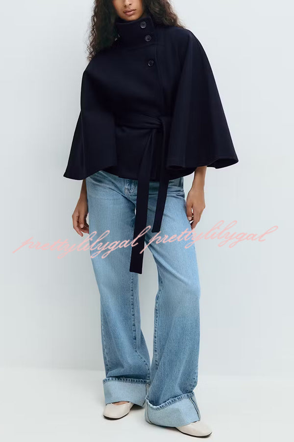 Fashionable Stand Collar Button Waist Tie Loose Cape