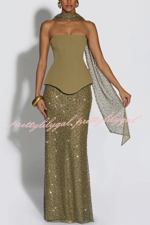 Oakley Corset Strapless Top and Sequin High Rise Maxi Skirt Scarf Set