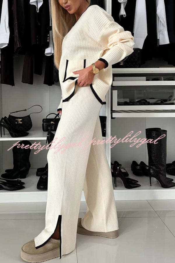 Warm Embrace Knit Ribbed Colorblock Trim Pocket Top and Stretch Slit Pants Set