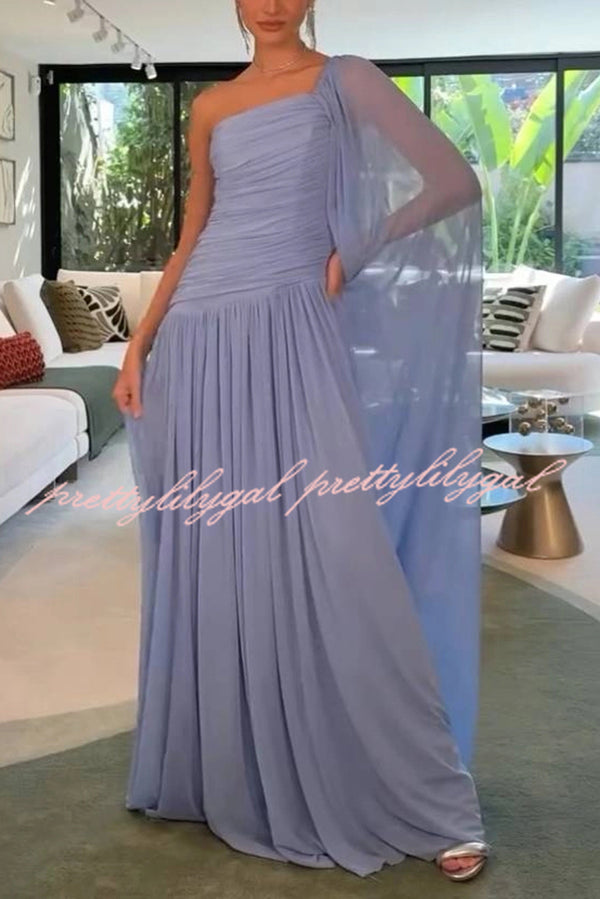 End of Light Chiffon One Shoulder Single-sleeve Shawl Ruched Maxi Dress