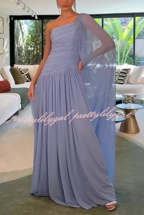 End of Light Chiffon One Shoulder Single-sleeve Shawl Ruched Maxi Dress
