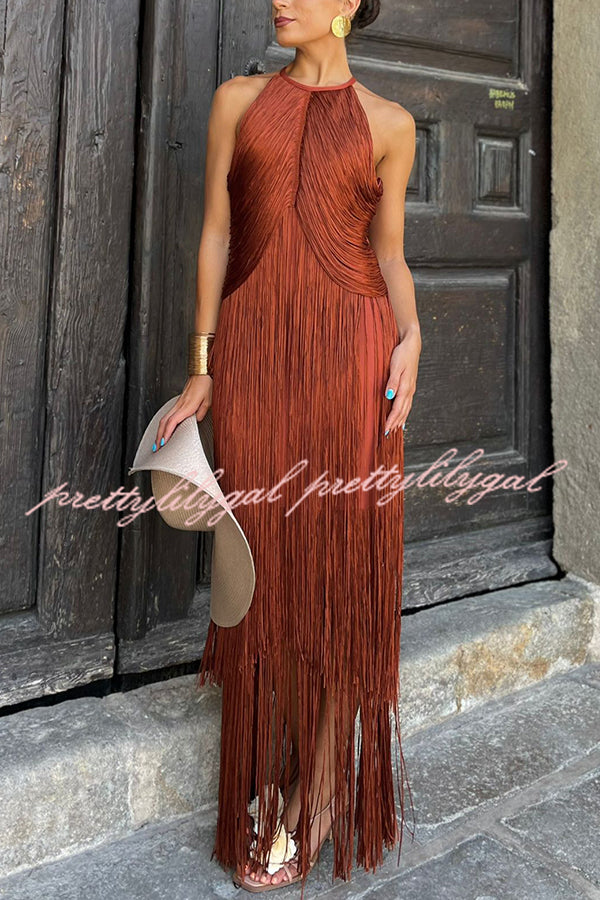 Fashion Sleeveless Halter Neck Elegant Tassel Slim Maxi Dress